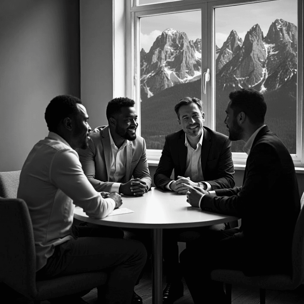 Four diverse men engaged in meaningful discussion around a round table